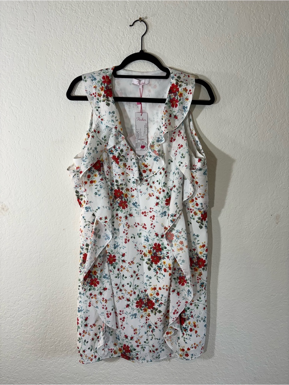 NWT Parker Cold Shoulder Spring Ditzy White Floral Ruffle Mini Dress Size Medium - Picture 2 of 9